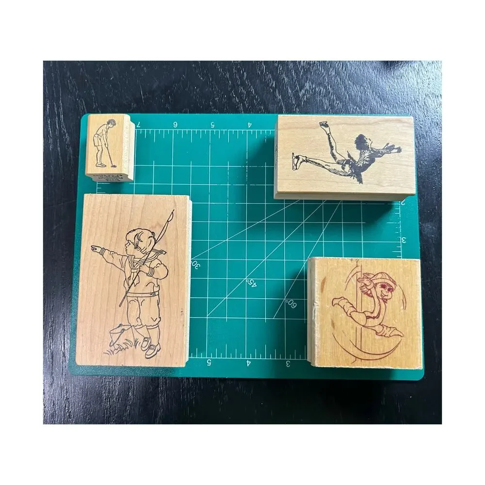 Vtg Wood Mounted Rubber Stamps- Sports Activities- Set of 4 Assorted Preowned